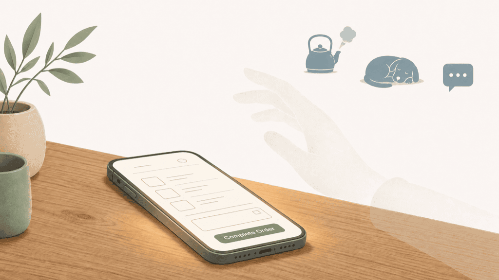 A phone resting face-up as a hand drifts away from it, with small distraction icons nearby, while a checkout sits unfinished on screen