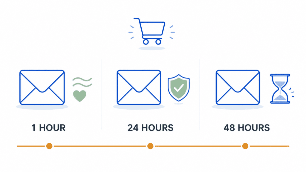 Three envelopes on a timeline labelled 1 hour, 24 hours and 48 hours, with a shopping cart above them