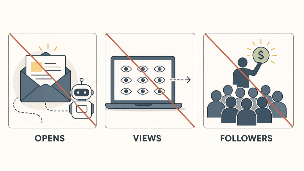 Three panels, each struck through in rust red: an envelope being auto-opened by a robot labelled OPENS, a laptop full of eye shapes labelled VIEWS, and a crowd facing away from a figure holding a dollar sign labelled FOLLOWERS