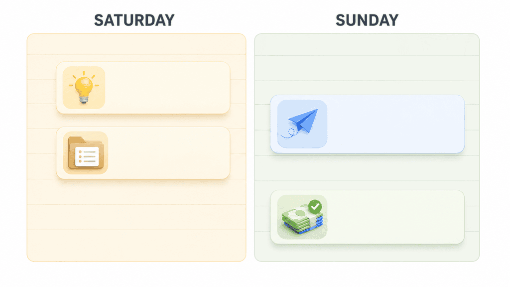 Weekend calendar with time-block cards across Saturday and Sunday