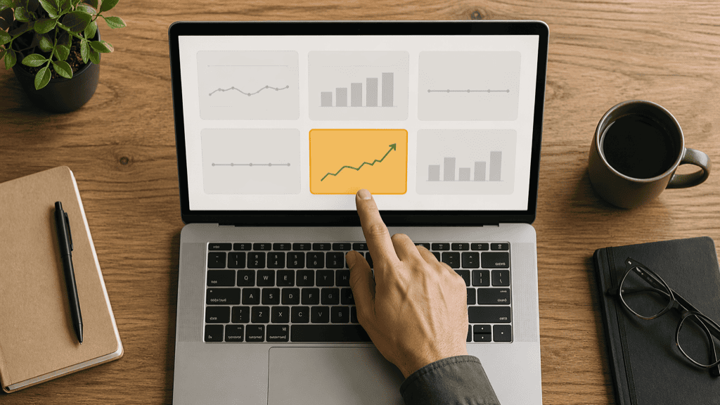 A laptop dashboard with every metric tile greyed out except one, highlighted in warm amber with a single upward-trending line, and a hand pointing at the highlighted tile