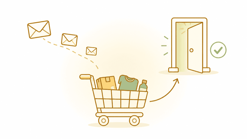 A shopping cart heading back through an open checkout door with a warm green glow, envelopes trailing behind it