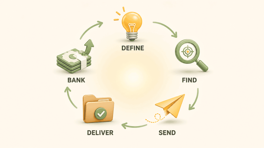 Five-step loop: define, find, send, deliver, bank